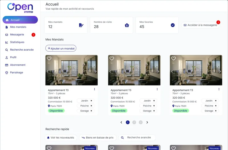 Tableau de bord de la plateforme Open Immo, conçue et développée par l'agence web HavvenLab